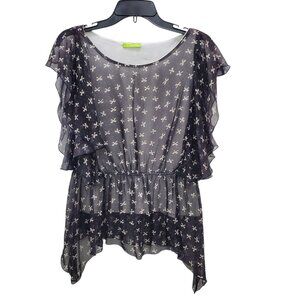 Tulips Women's Black White Bow Print Lined Chiffon Flutter‎ Sleeve Fairy Top M